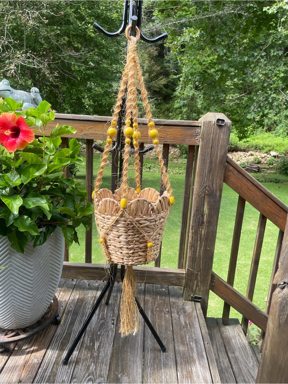 Handwoven Macrame Natural Hanging Planter with Hand-Painted Yellow Bead Accents